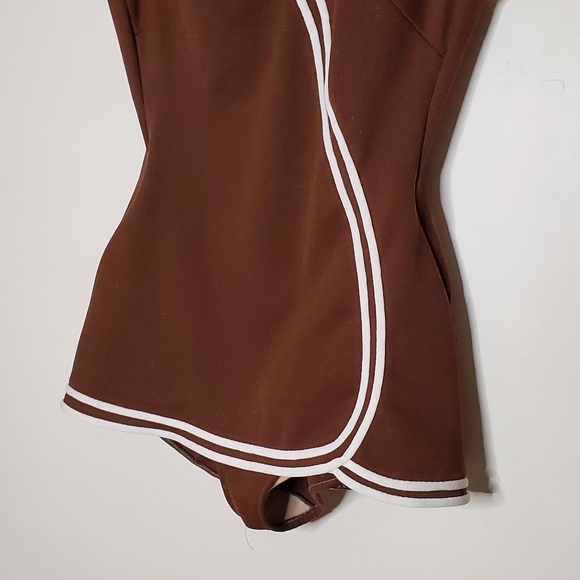 60s Sweetheart Brown Vintage One Piece Swimsuit with White Striped Lining - Picture 4 of 13